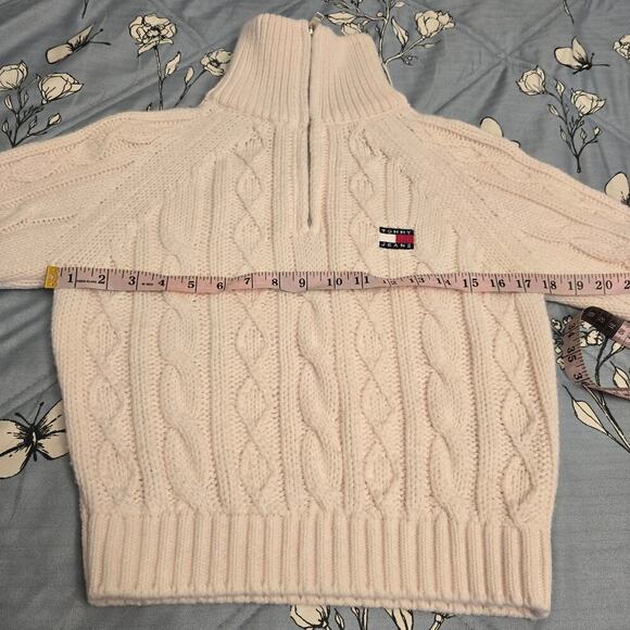 Tommy Jeans M Cable Knit Quarter-Zip Sweater Wool Blend Ivory White Logo Patch - Picture 6 of 10